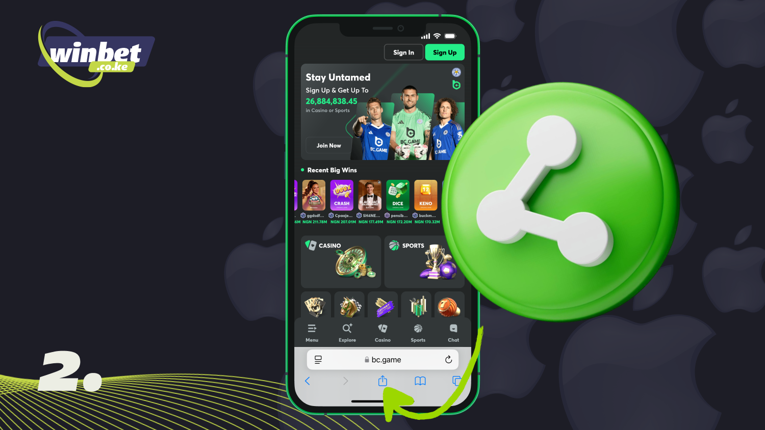 Tap the Share button on the bottom menu bar to download the BC Games app for iOS