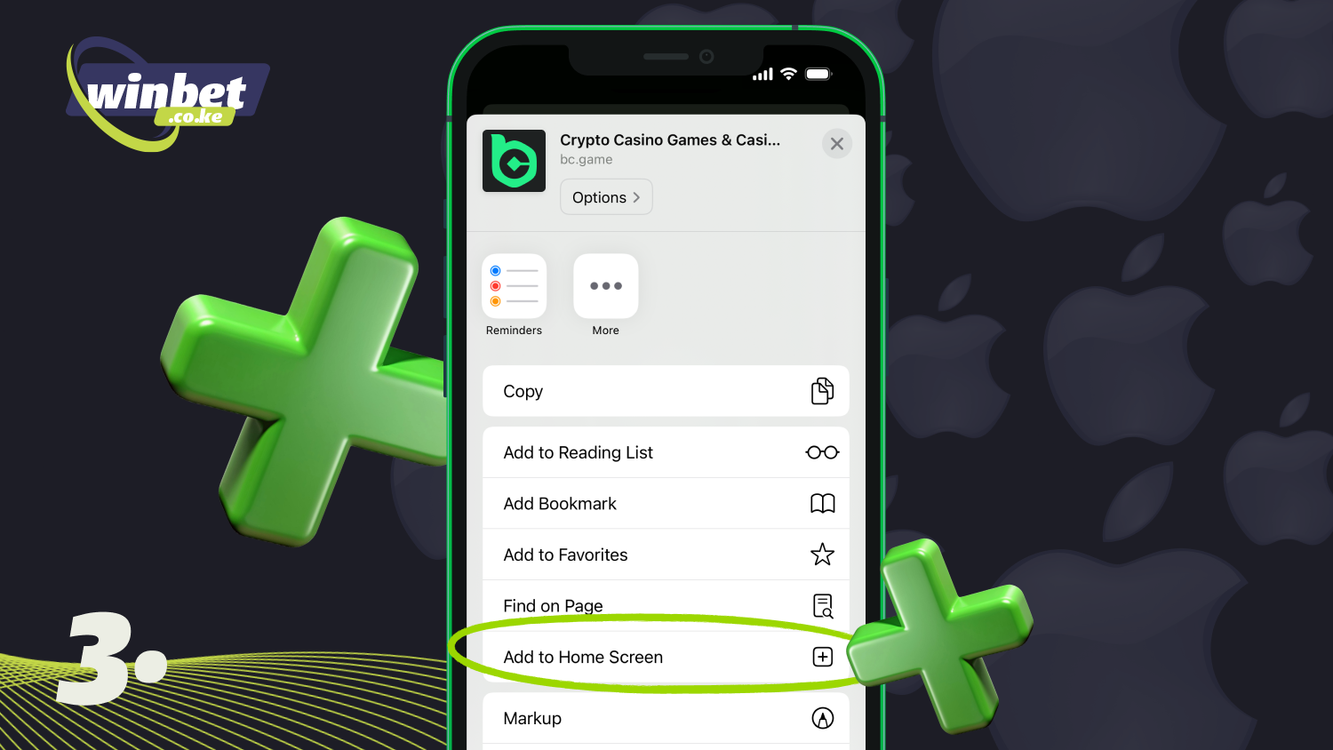 Select the Add to Home Screen option to download the BC Games app for iOS