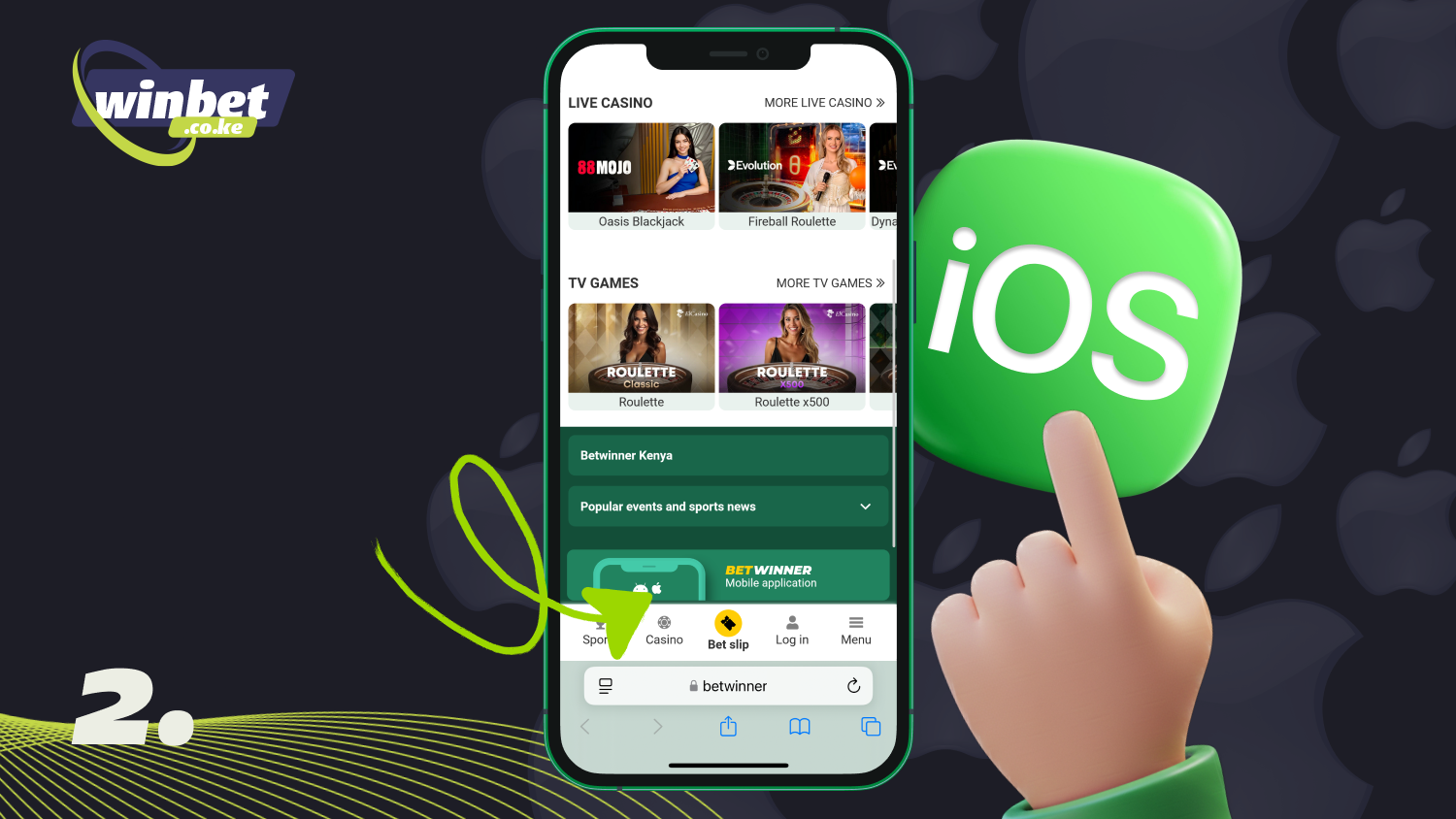 Scroll down the Betwinner homepage and tap the iOS button