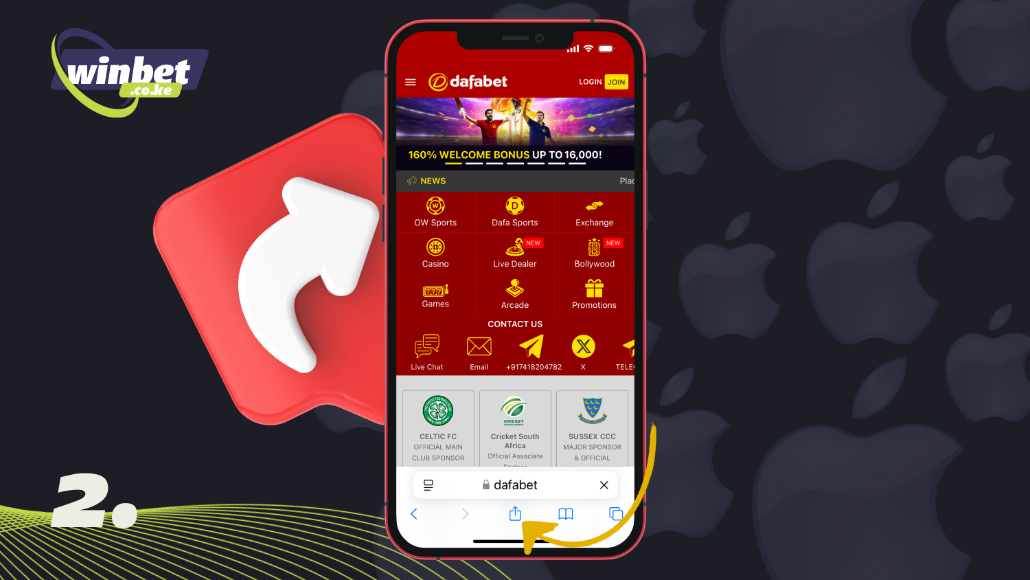 At the bottom of the Dafabet Kenya homepage, tap the Share icon to download the iOS app