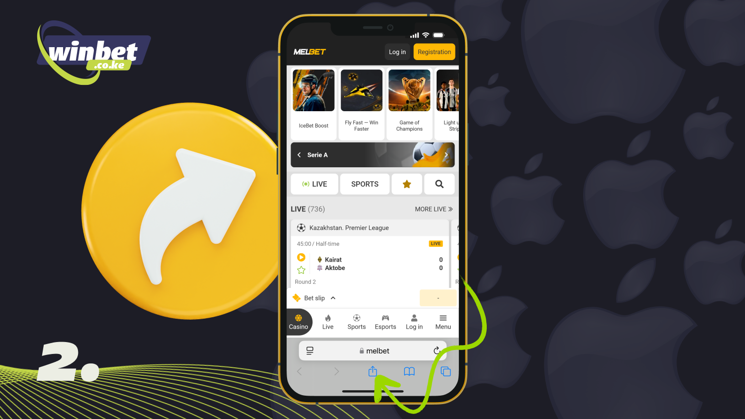 Tap the Share icon at the bottom of the Melbet page to download the iOS app