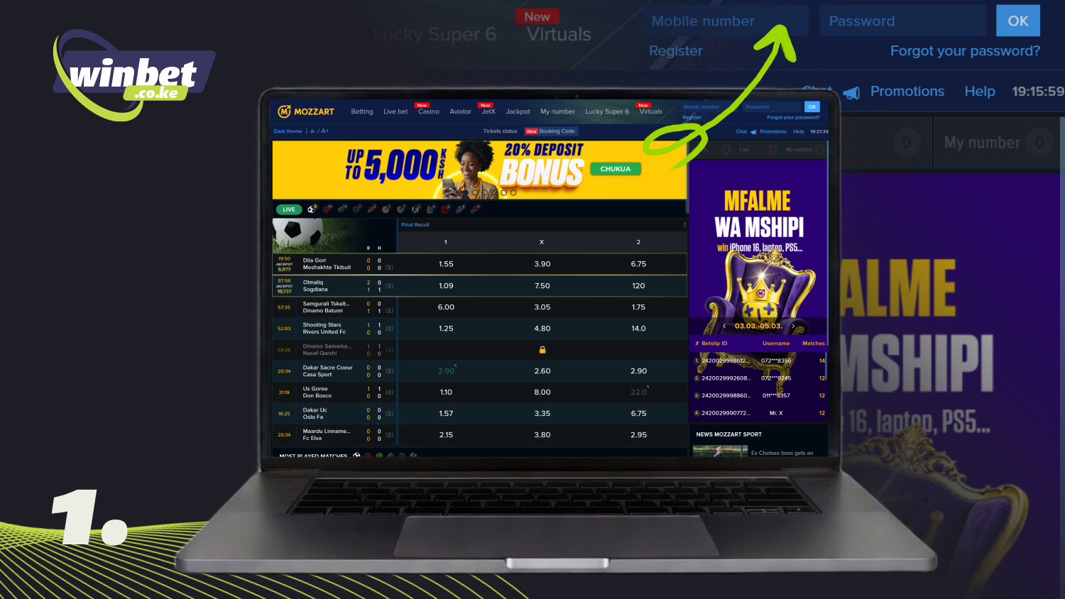 To start betting on Mozzartbet Kenya, open the website and find the fields for logging into your account