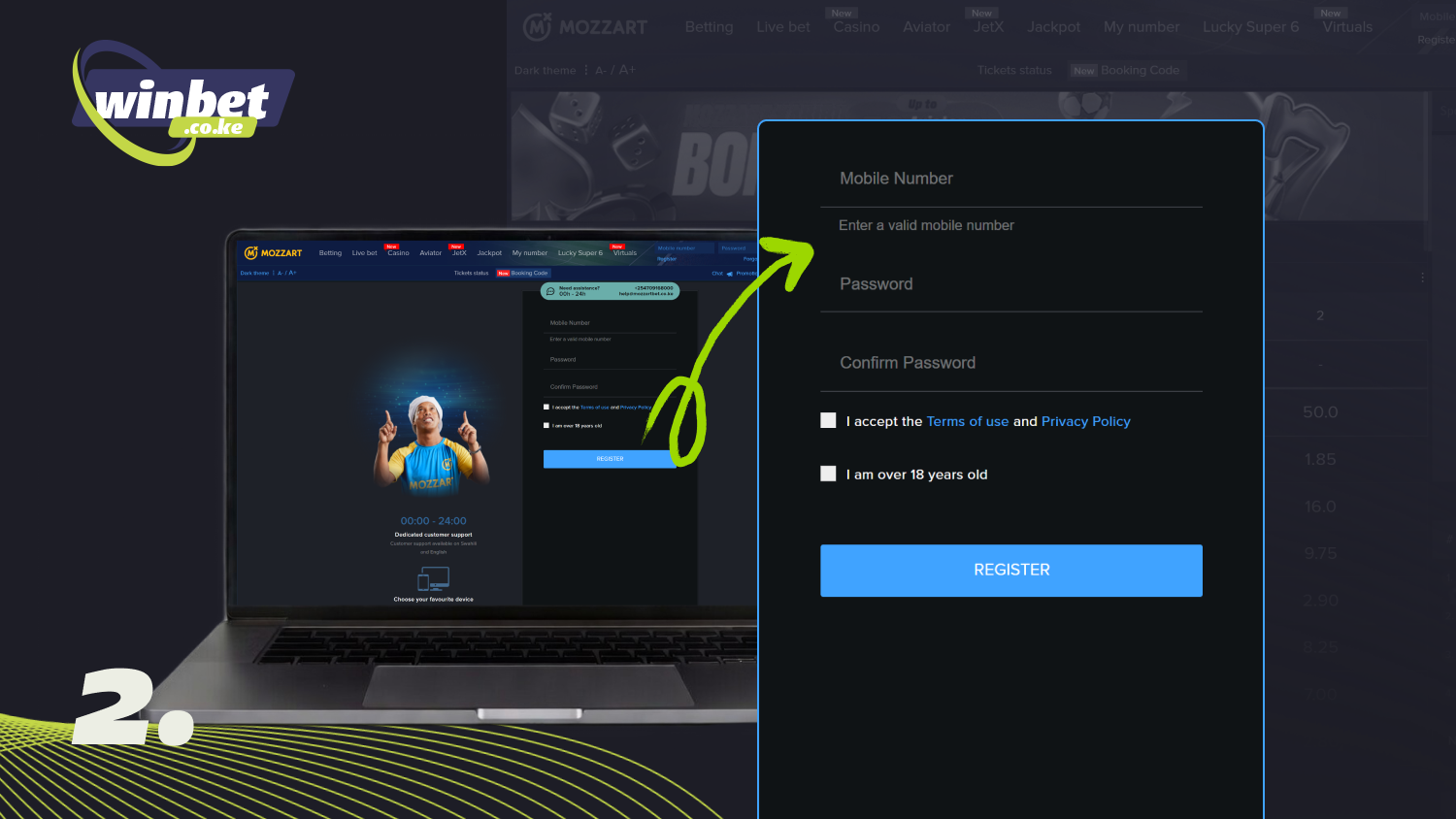 Enter your phone number and password to create a Mozzartbet account