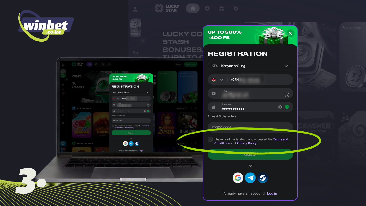 Agree to the Lucky Star Terms of Use in Kenya to register