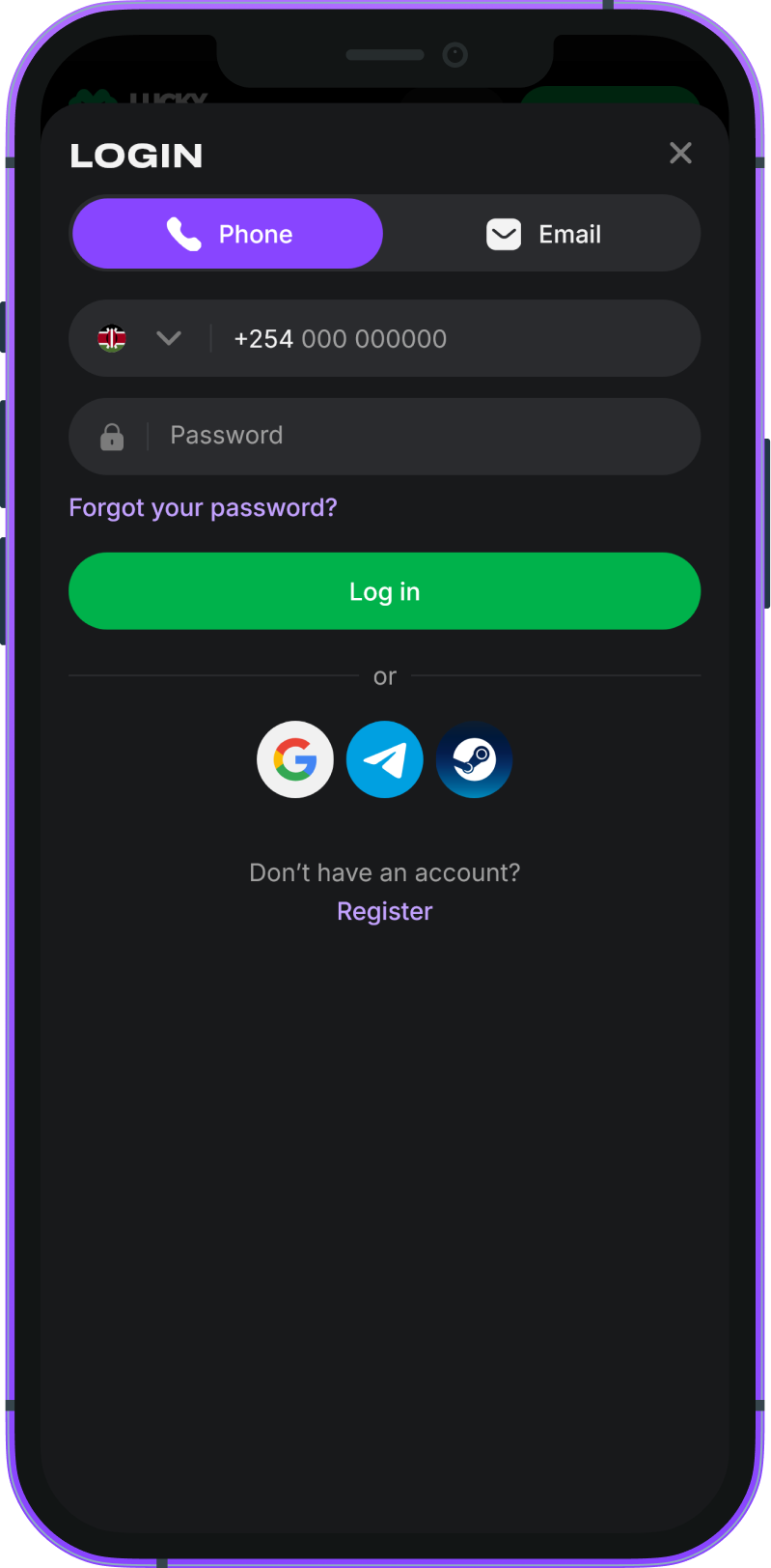 Login in the mobile application Lucky Star