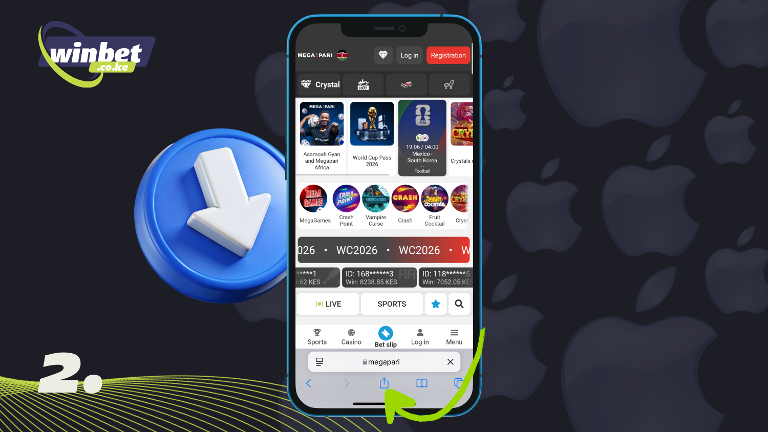 Tap the Share icon at the bottom of the screen to install the Megapari app